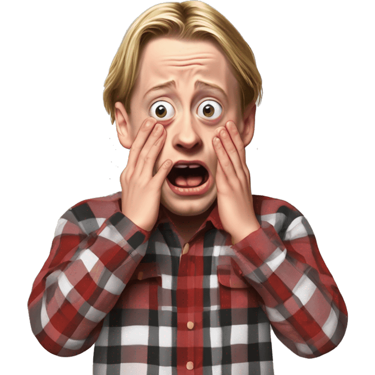 macaulay culkin from Home Alone, putting both hands on his face and screaming of fear. bring the hands down lik he is putting on his cheeks. emoji