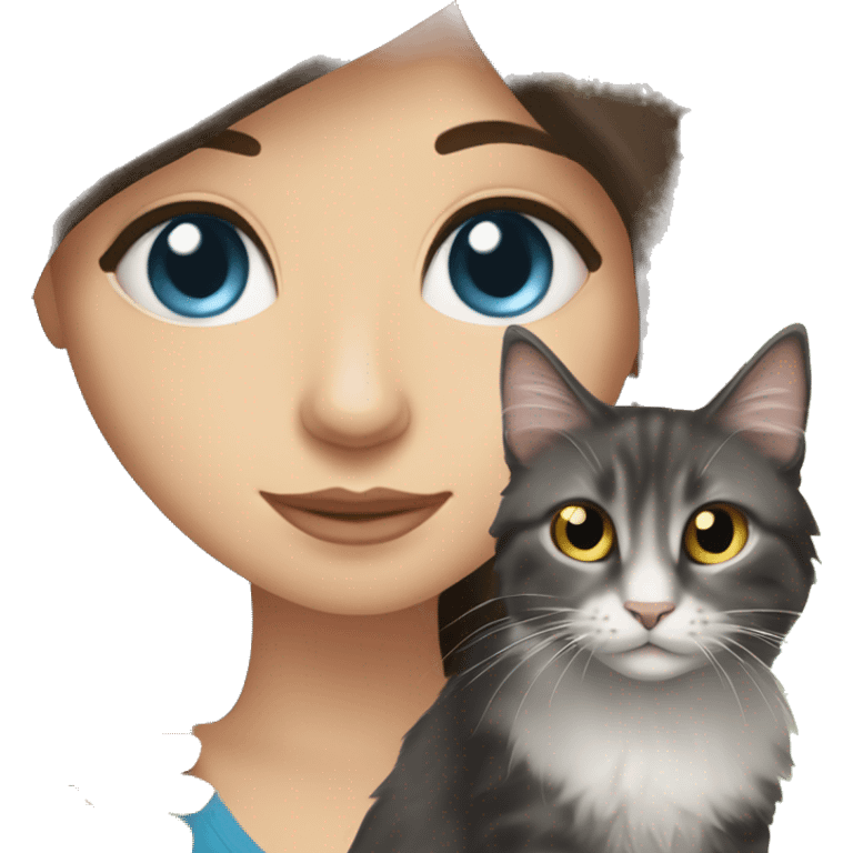 long straight haired blue eyed brunette woman holding norwegian forest cat with amber eyes emoji