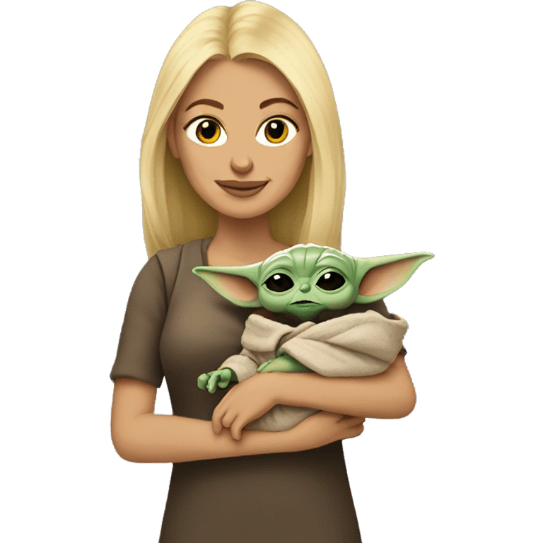 blonde woman holding baby yoda emoji