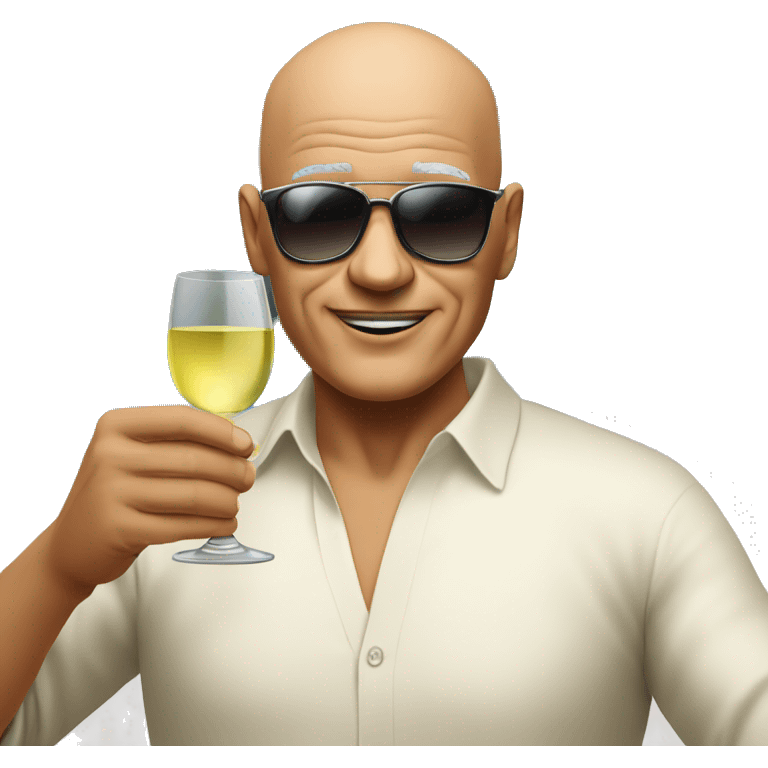 Bald man around 60 years old holding glass of white wine , weaing sunglasses emoji