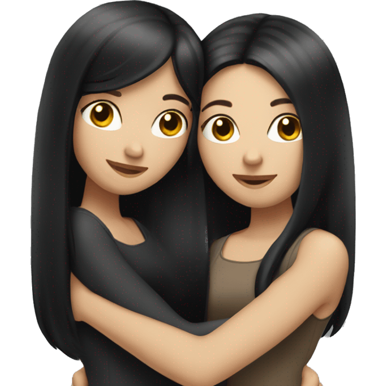 Two white girls with long black hair hugging. emoji