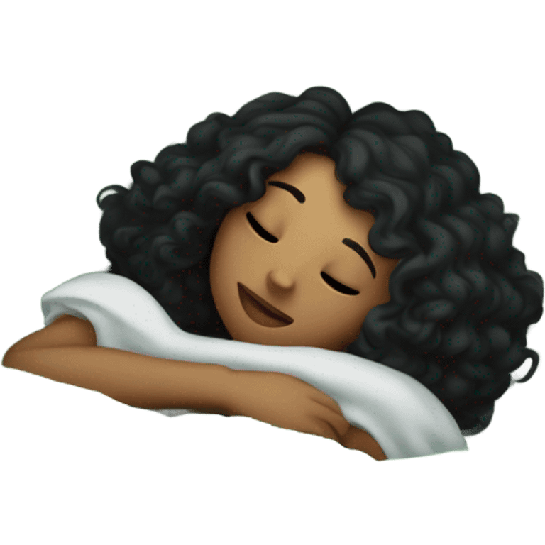 girl with curly black hair sleeping in bed with faded green striped comforters emoji