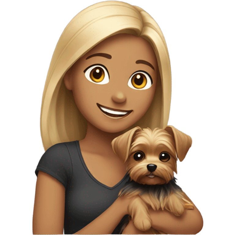 girl holding Yorkie dog and smiling emoji