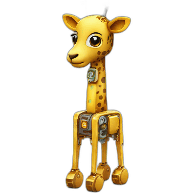 Una girafa robotica con patrones de circuitos brillantes en su piel, piernas con juntas móviles y piezas de metal relucientes emoji