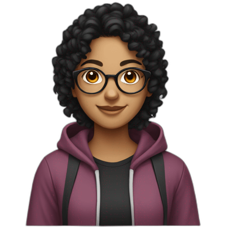 smiling teenage indian girl with glasses with black curly hair wearing a black hoodie with no zipper emoji