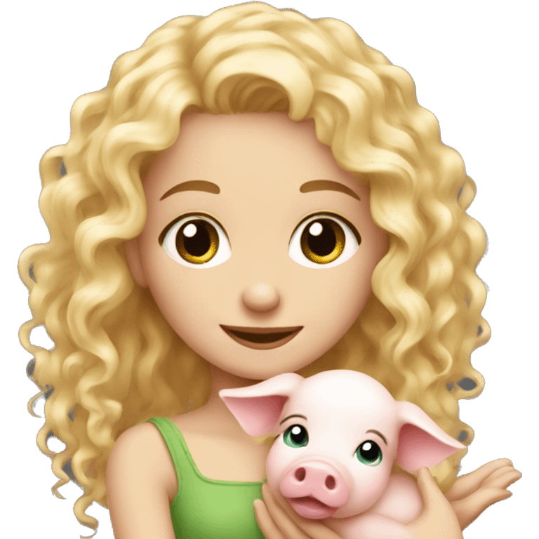 pretty long curly blonde girl holding a baby pig emoji