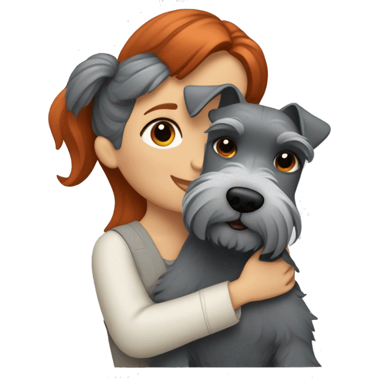 little grey schnauzer hugging a redhead girl with brown eyes  emoji