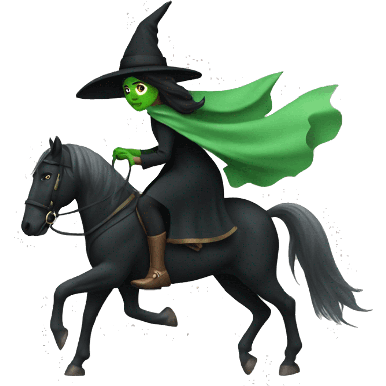 Witch with green skin, wearing a black cape, hat and dress, riding a black horse  emoji