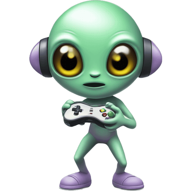 cute kawaii alien holding a game controller dancing emoji