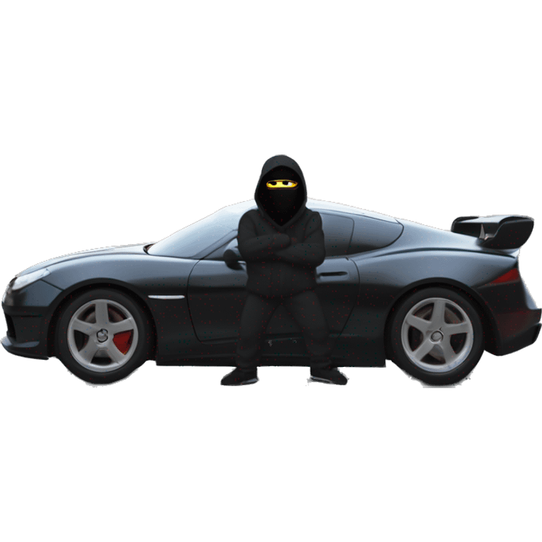 Far POV of a sleek sports car with a white roadman in a black ski mask driving, city streets blurred in the background. The entire car is visible, with the driver seen inside, creating an intense, fast-moving vibe emoji