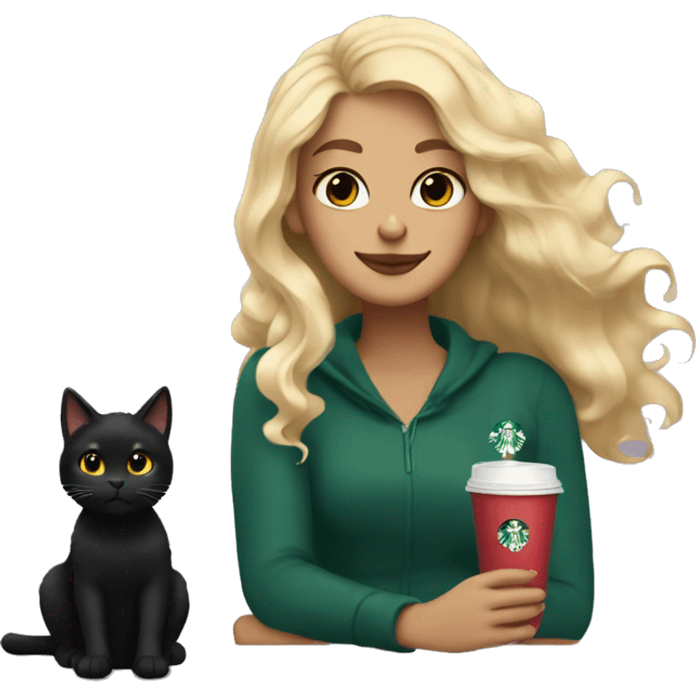 A black cat and a blonde wavy hair girl sitting drinking starbucks emoji