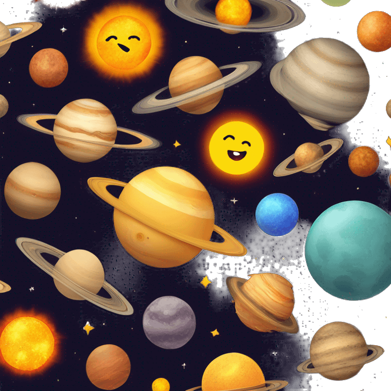 Solar system with stars and planets and sun with 90s core emoji