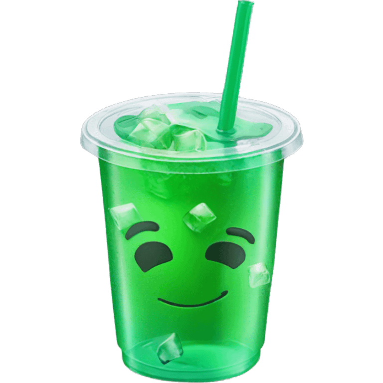 Realistic plastic cup and lid with green soda and large ice cubes inside and straw through the top of the lid. emoji