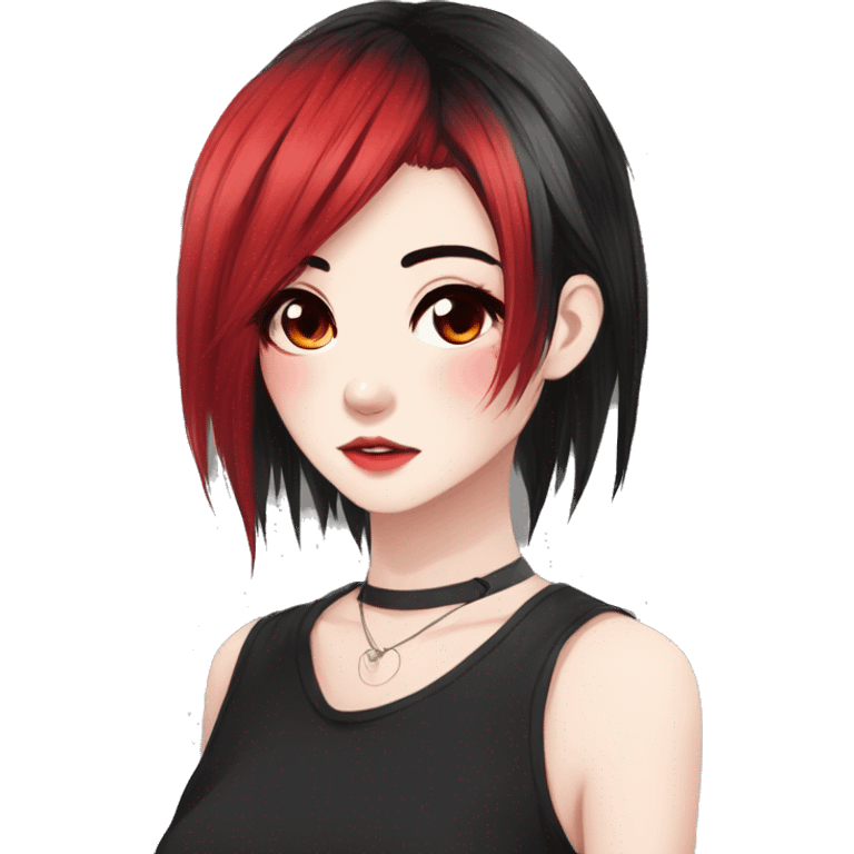 Gorgeous anime style lady with blushing face aesthetic and pretty edgy black red punk hair with hair garment trending style emoji