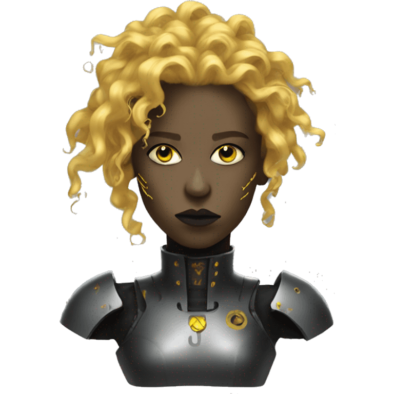 black metal female cyborg head with yellow gold curly hair emoji