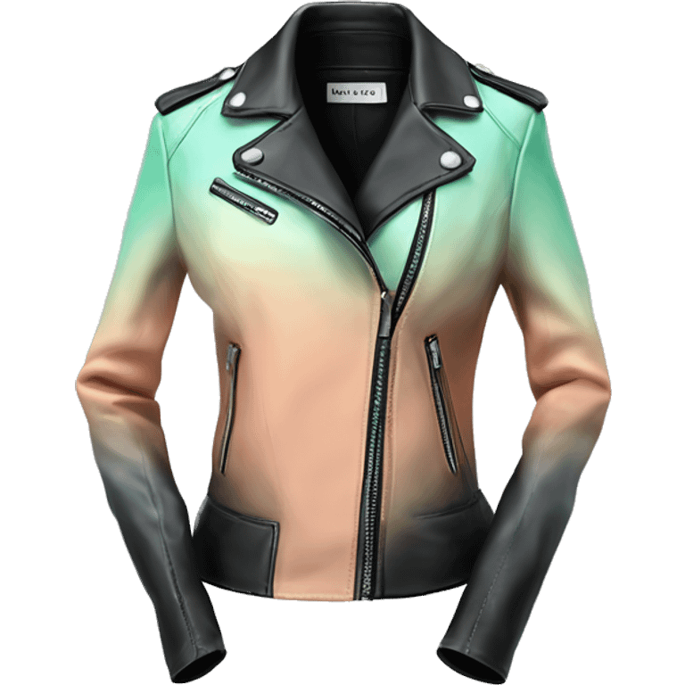 Hyper Realistic isolated side view of an open black,peach,pastel green,pastel blue ombre feminine fashion leather jacket.  emoji