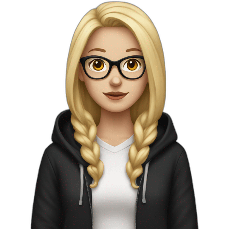 white girl with glasses and long blonde hair and black hoodie and a red doberman emoji