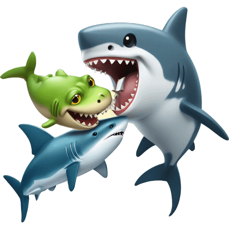 do a dog biting a shark wile the shark has a frog in its mouth  emoji