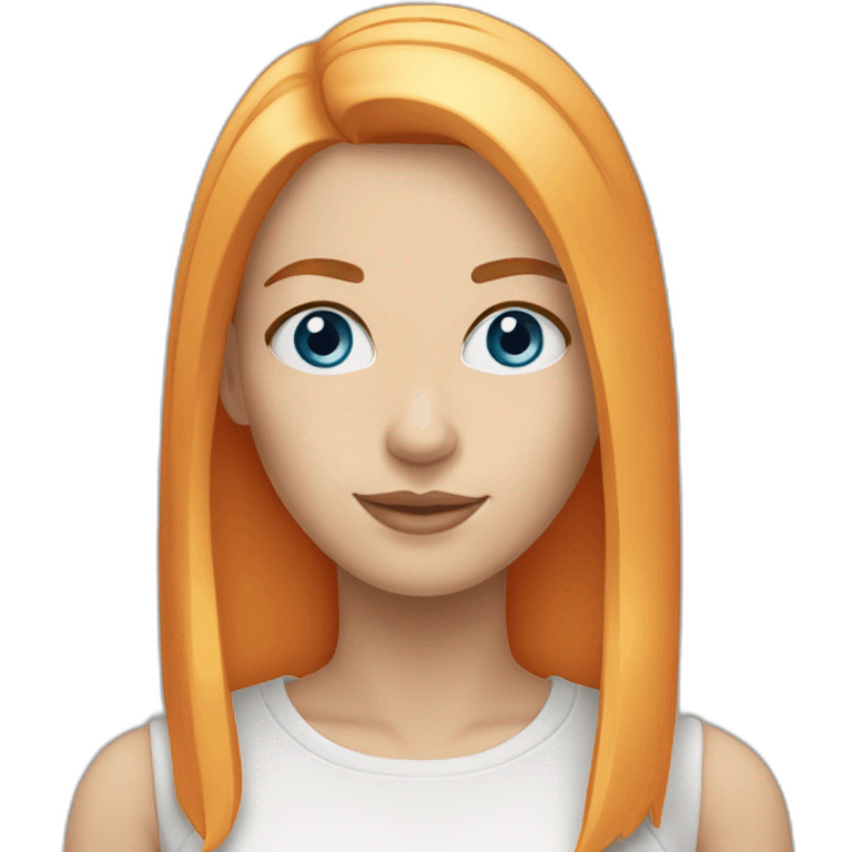 women blue eyes, shoulder-length straight blond-orange hair, white skin and slight smile emoji