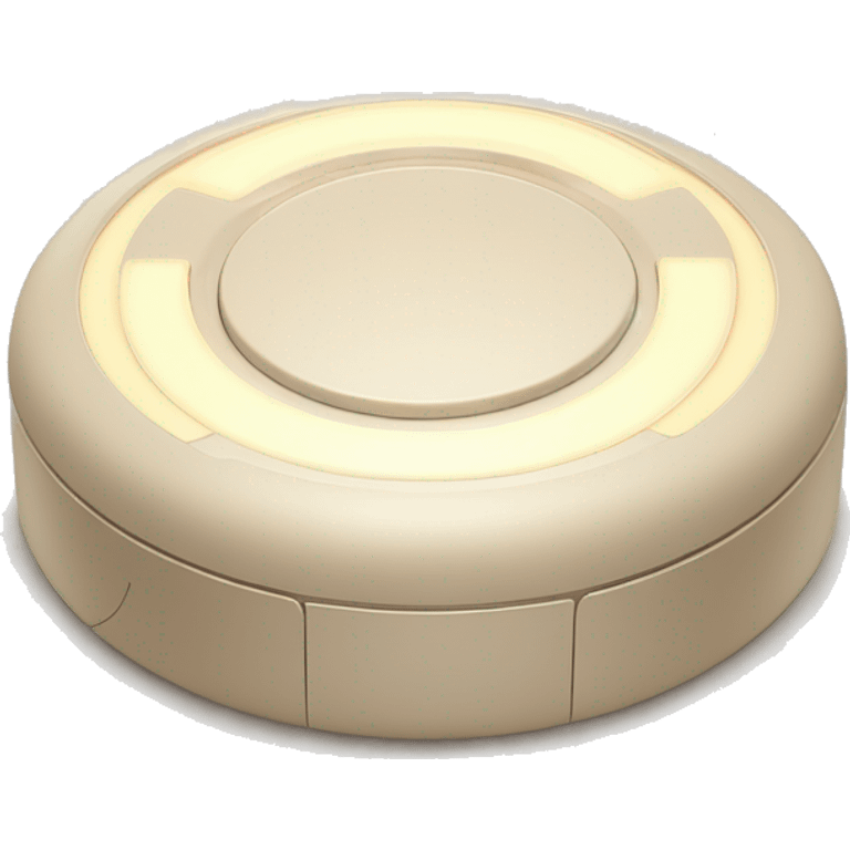 A futuristic and minimalist circular audio device inspired by the Donda Stem Player. The device features a smooth beige surface with glowing LED strips arranged in a cross pattern emoji