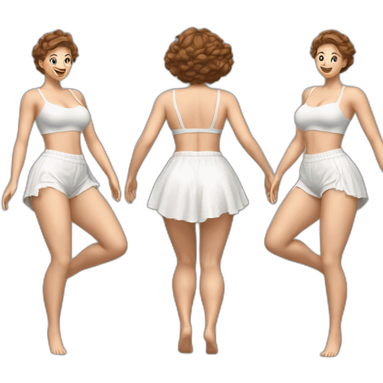 Hyperrealistic Full body Caucasian curvy beauty jumps white knickers back and front views black skirt strong wind emoji