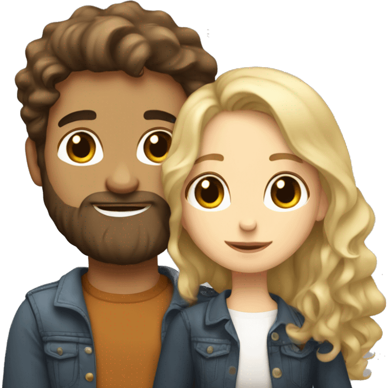 Brunette girl with Brown wavy hair hugging blond boy and white skin whit a beard lovingly couple emoji