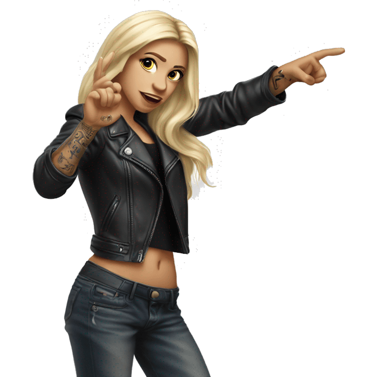 Blonde women with LONG HAIR, in Leather Jacket, Body Covered with Tattoos, POINTING YOU FORWARD with her HAND with INDEX FINGER, Hyper Realistic emoji