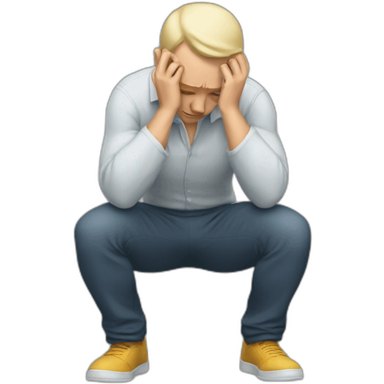 A white man squats holding his head emoji