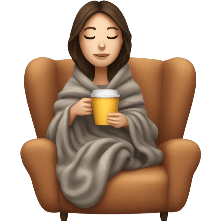 Brunette white girl covered in blanket autumn vibe sitting on a cozy chair holding coffee eyes closed emoji