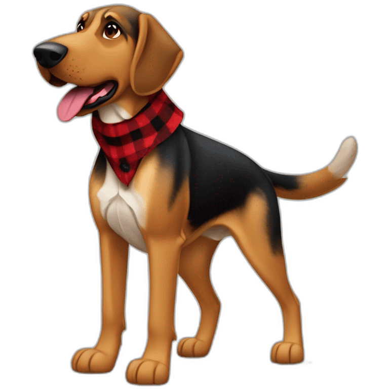 adult 75% Coonhound 25% German Shepherd mix dog with visible tail wearing small pointed red buffalo plaid bandana full body walking left quickly emoji