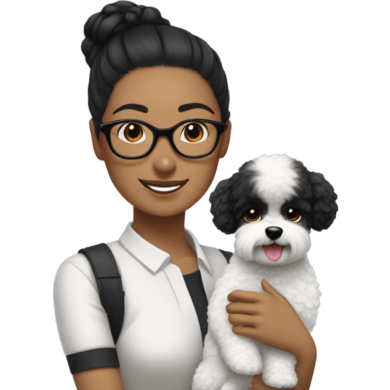 woman-black hair-bun-with glasses-with black bichon dog-white-smile emoji