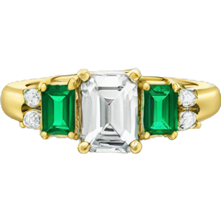 Gold ring with emerald cut diamond in middle and green gem side stones emoji