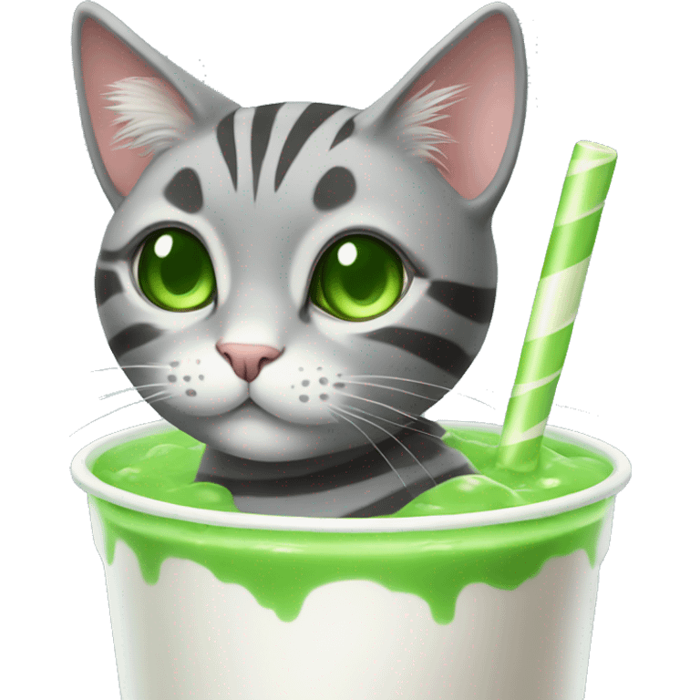 A striped grey cat with green eyes drinking boba emoji