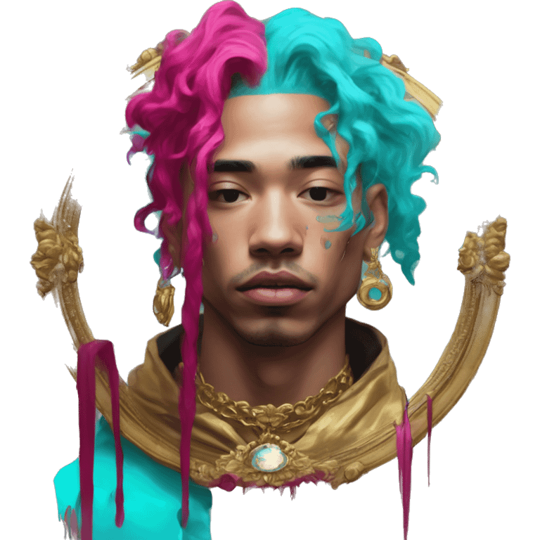 Vintage painting swirls gold jewellery baroque raven wings angel tropical Deep pink maroon burgundy cyan dark hoodie man vitiligo dyed hair gold piercings nose piercing ear piercings emoji