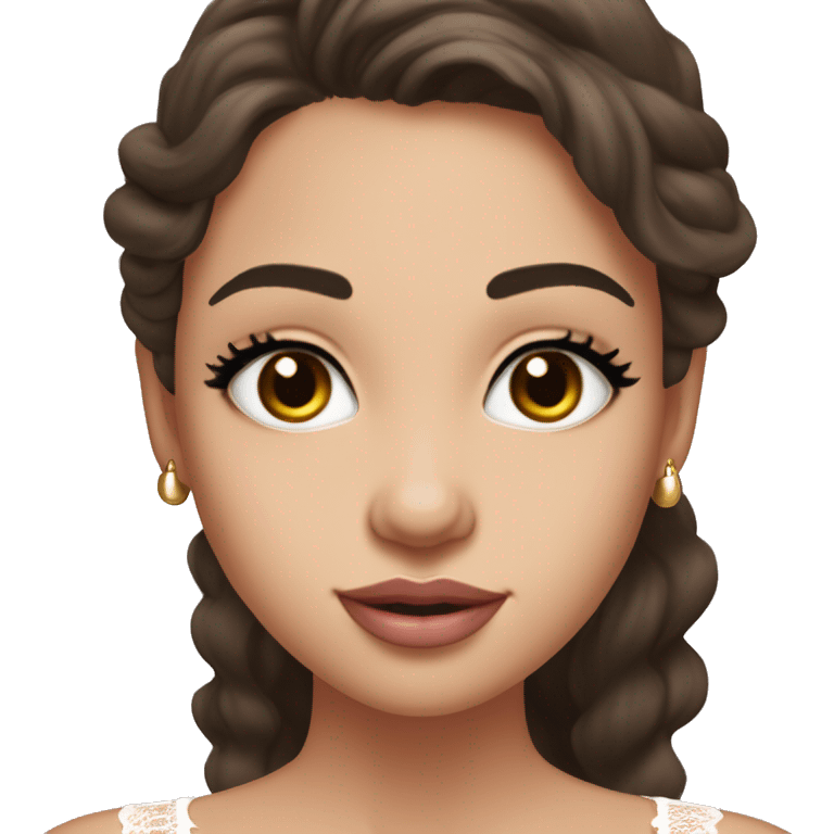 fair-skinned girl with black, slim shaped eyes and long lashes. long, dark brown hair styled in a wavy blowout. wearing a delicate white lace tank top and a dainty gold necklace, plump light pink lips. emoji