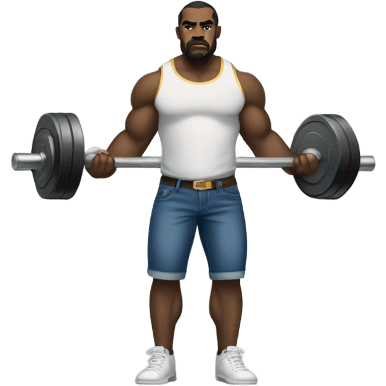 A muscular Cane Corso in blue jeans and gold tee shirt standing upright lifting barbells. emoji