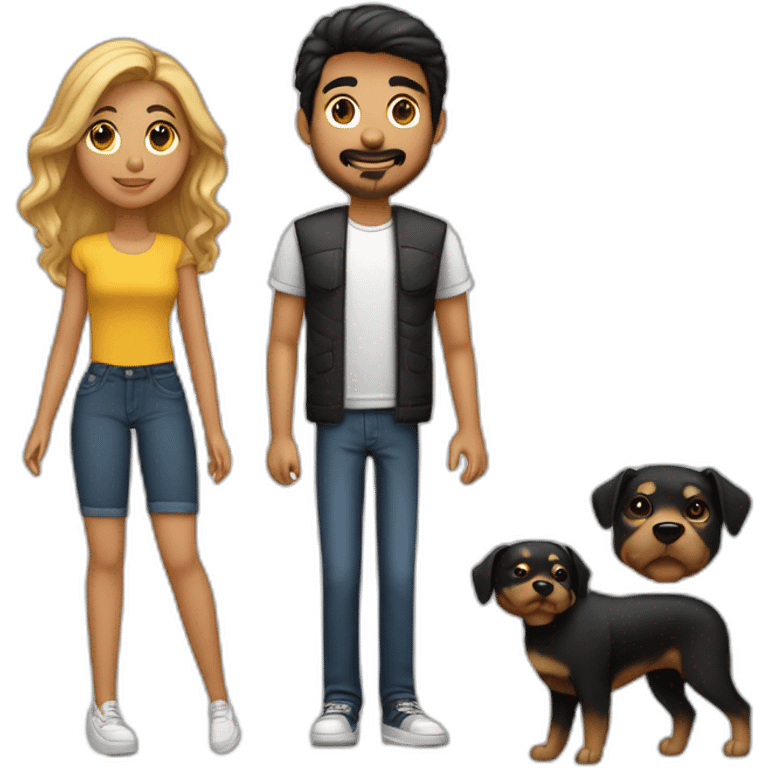 Familia 3 personas y perro chiuaua padre pelo corto rubio madre pelo castaño rizado mujer joven pelo negro largo y liso emoji