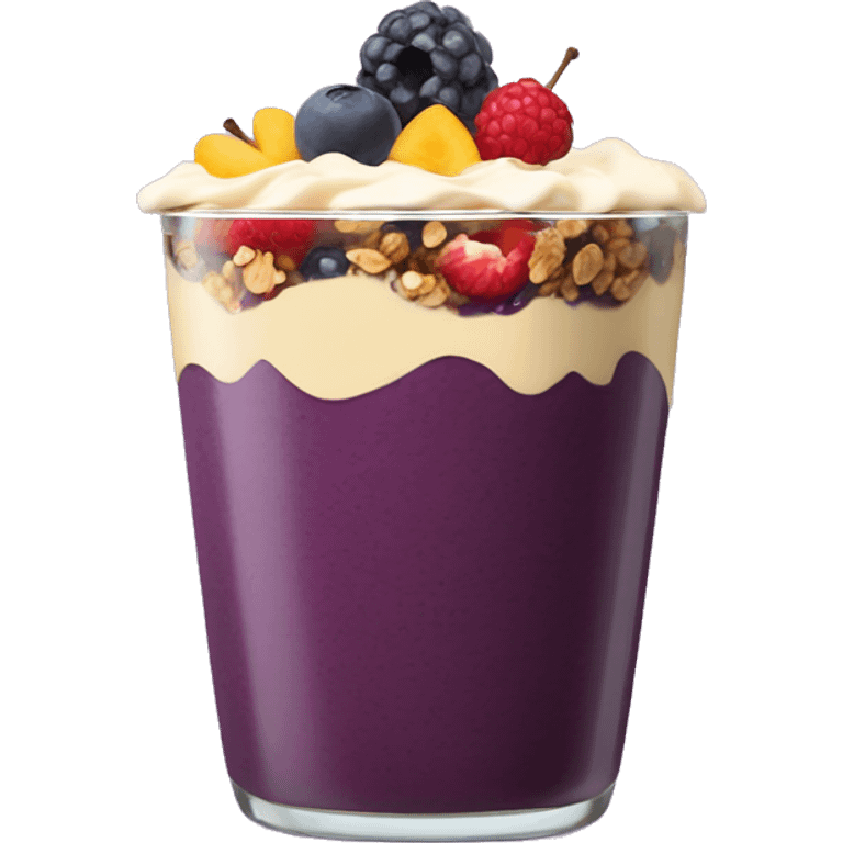 Açaí in a clear cup with layers of fruits and granola and condensed milk emoji