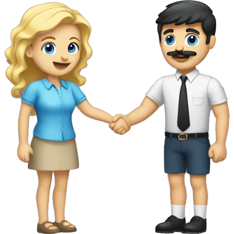 blonde blue eyed woman shaking hands with dark hair dark eyed man with mustache  emoji