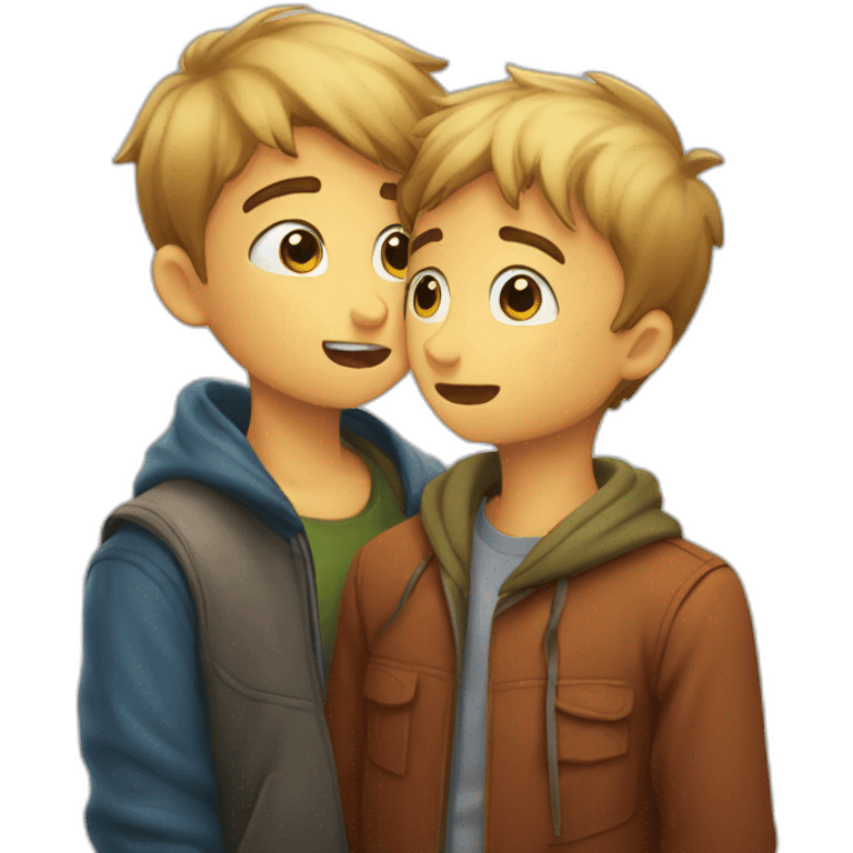 Boy whispering a secret to another. I want the emoji to show a boy with an intriguing expression, leaning towards another boy, appearing to be whispering something in his ear emoji