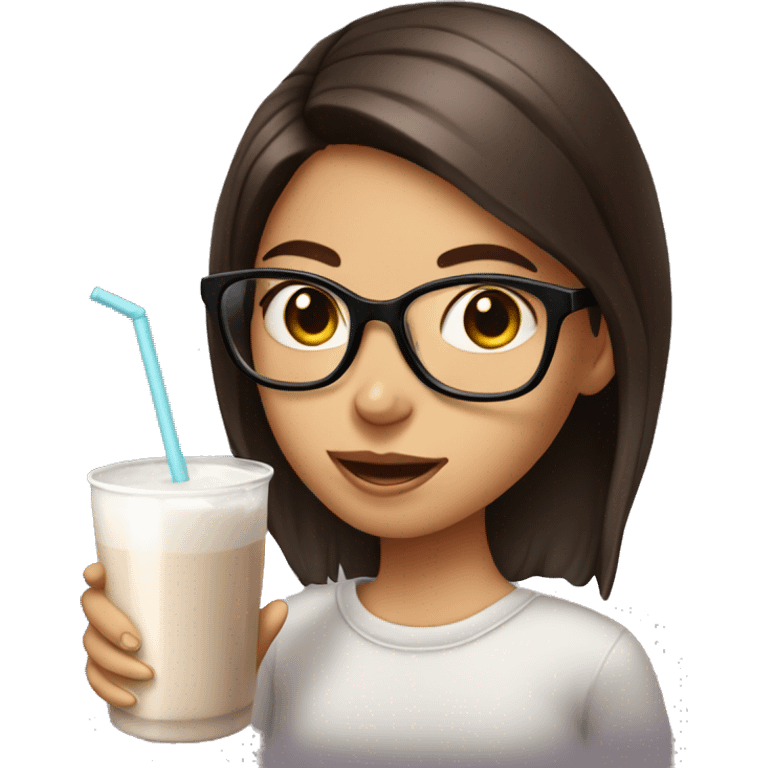 Girl with chocolate hair with glasses drinks milk emoji