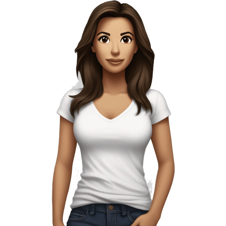 3/4 face, contrasted, shadow, light, Eva Longoria expression, standing from a distance, thin nose, brunette woman, hazel eyes, long eyelashes, dark shoulder shaded hair, white t-shirt, jeans, white sneakers emoji