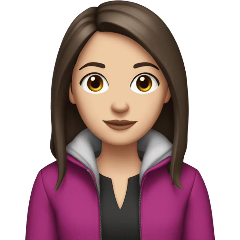 white girl with brown eyes, long straight dark brown hair, curtain bangs, and a magenta jacket emoji