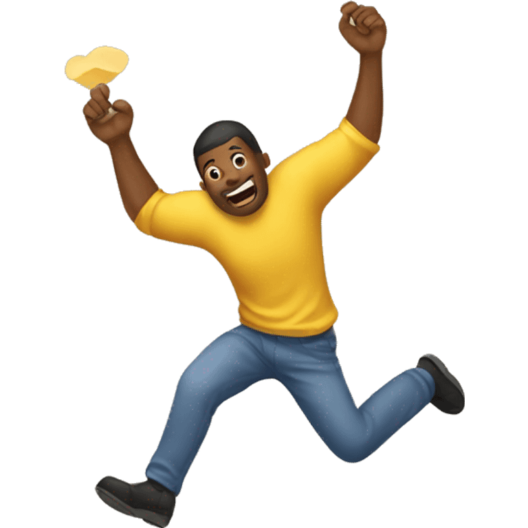 A man falling off a cliff wearing I love cheese shirt while holding cheese emoji