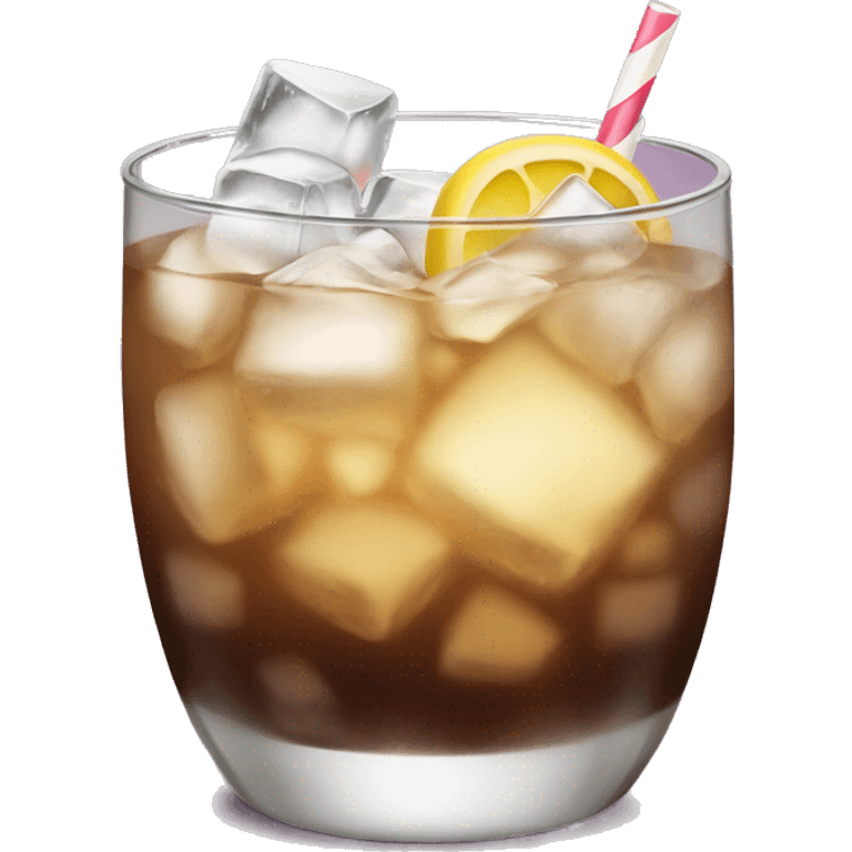 a hightball cocktail with 2 colors, brown on the bottom and light yellox on top with crush ice and a straw emoji