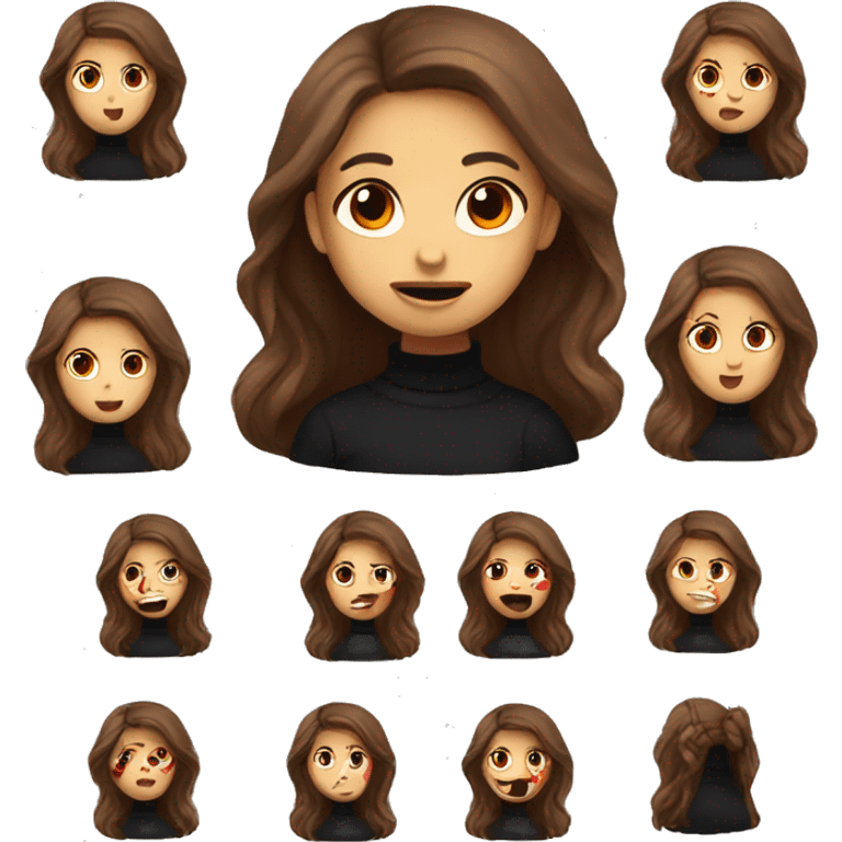 Girl with long brown hair wearing a black 
turtleneck with little red demons horns. With different emotions emoji