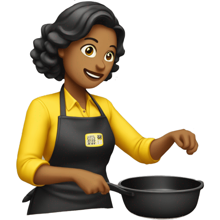 Mujer cocinando con delantal negro y amarillo emoji