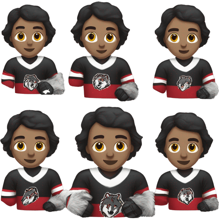 The Wolves hockey team in red white and black uniforms with the wolf emblem emoji