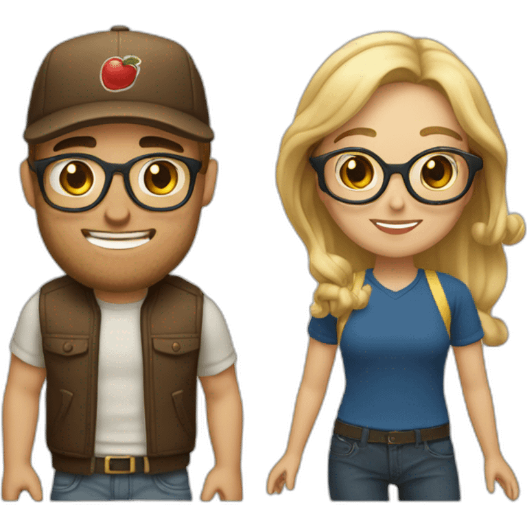 A Women with brown hair and glasses in Love with a blond Man with gold glasses and a baseballcap emoji