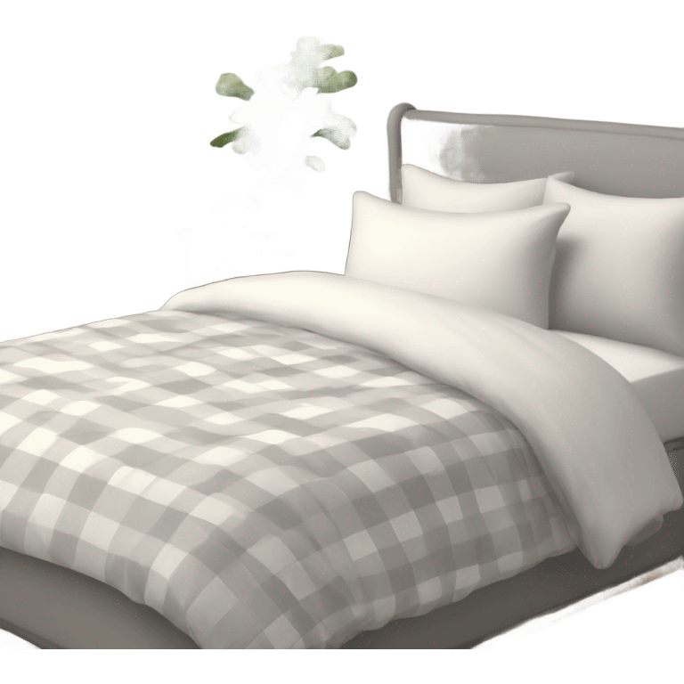 light grey bed with white and cream gingham sheets emoji